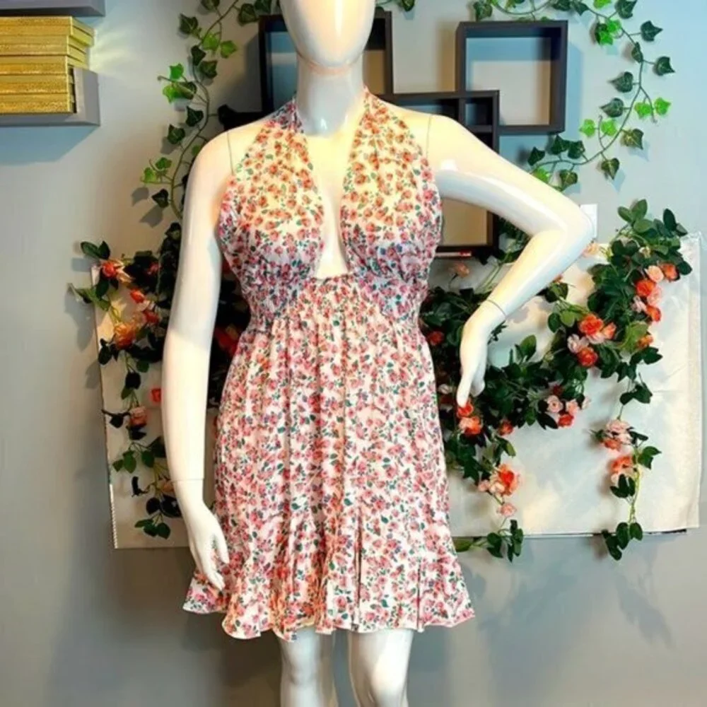 Cupshe Floral Cut Out Halter Skater Ditsy Print Backless Tie A-Shape dress Large